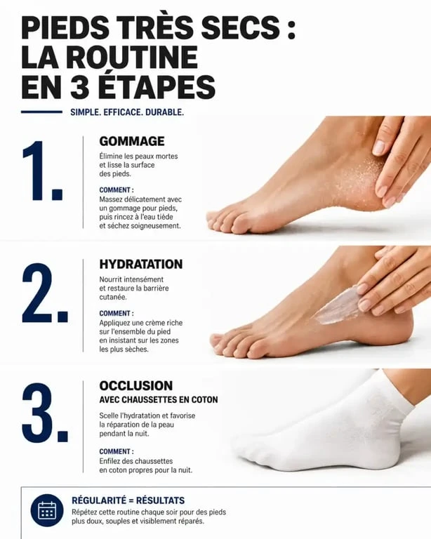 Routine de soin pour pieds très secs : gommage, hydratation et occlusion