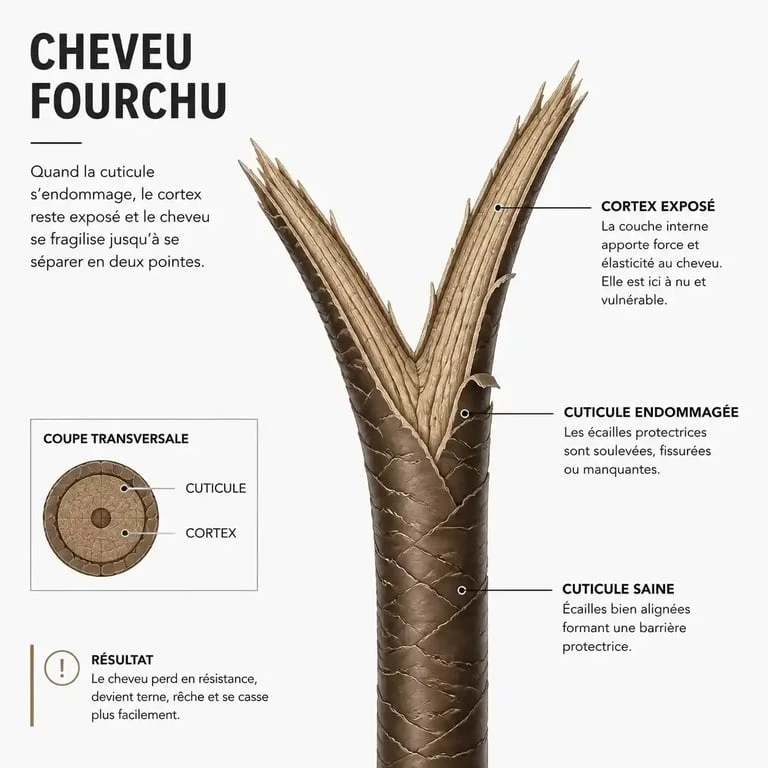 Schéma anatomique d'un cheveu avec fourches pour comprendre la structure capillaire