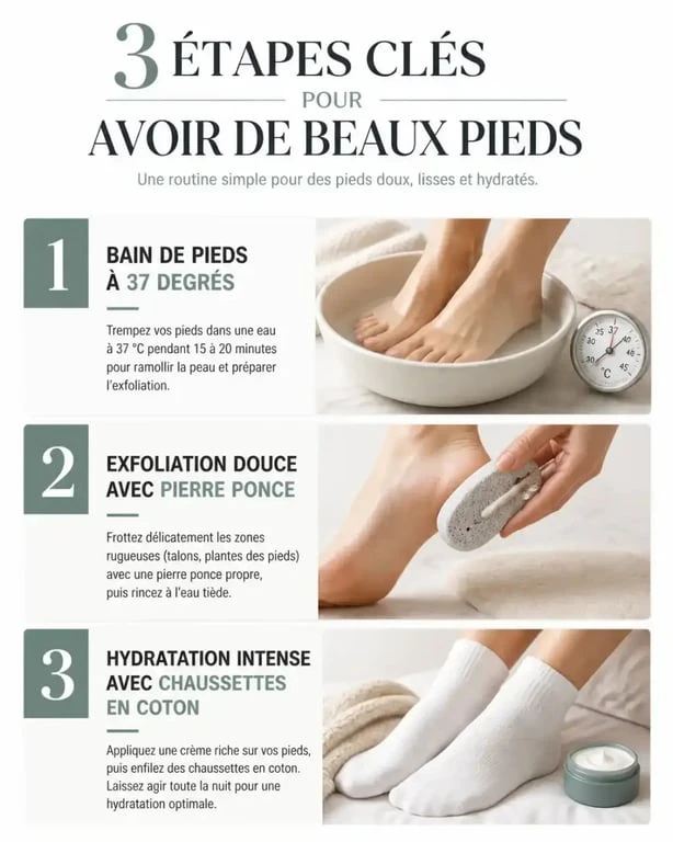 Infographie des étapes pour comment avoir de beaux pieds : bain, exfoliation et hydratation.