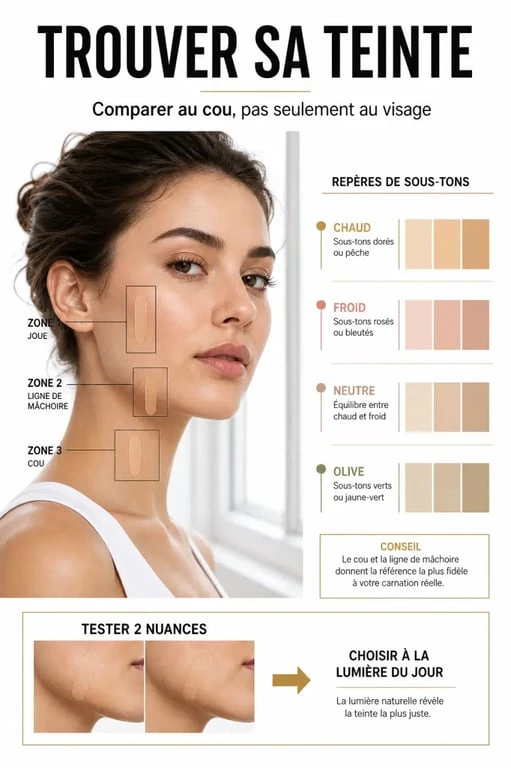 Comment trouver sa teinte de fond de teint avec test sur la mâchoire et repères de sous-ton
