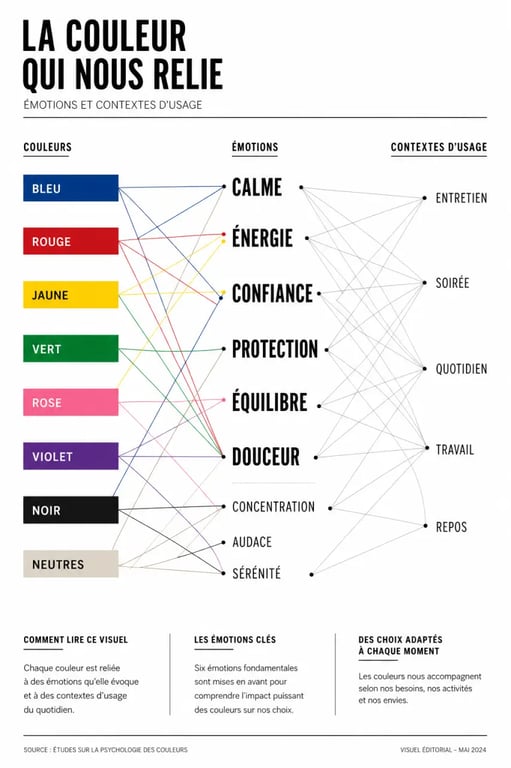Infographie sur l'impact psychologique des couleurs vestimentaires sur votre bien-être quotidien, avec couleurs, émotions et contextes d’usage