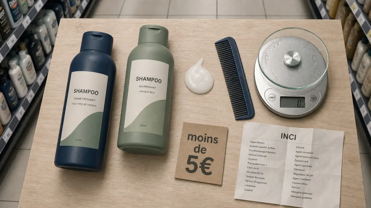 Meilleur shampoing grande surface : flacons et INCI sur comptoir