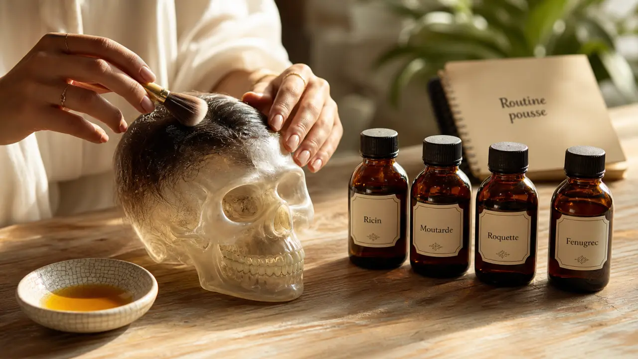 Quelle huile fait pousser les cheveux : huiles ricin, moutarde, roquette, fenugrec sur cuir chevelu