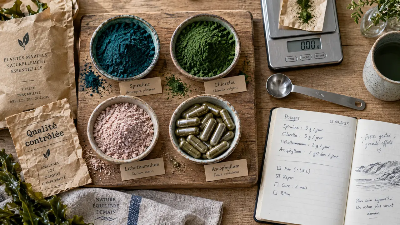 Algues compléments alimentaires : spiruline, chlorella et lithothamne en poudre et gélules