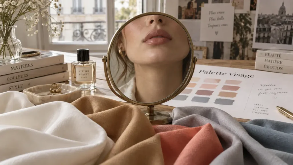 La colorimétrie des vêtements révèle les teintes qui donnent bonne mine, test à la lumière naturelle
