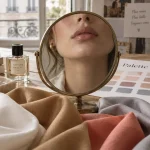 Colorimetrie vetements : teintes visage blanc, ivoire, gris perle, camel, corail et bleu grisé en lumière naturelle
