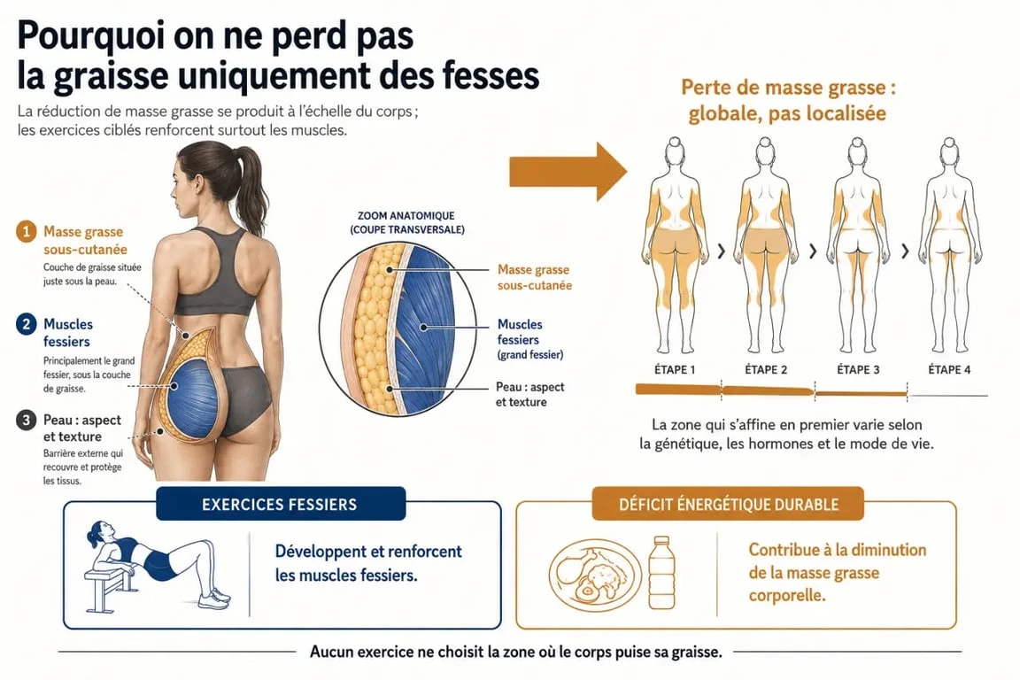 Schéma expliquant comment perdre du fessier en distinguant graisse, muscles et aspect de la peau