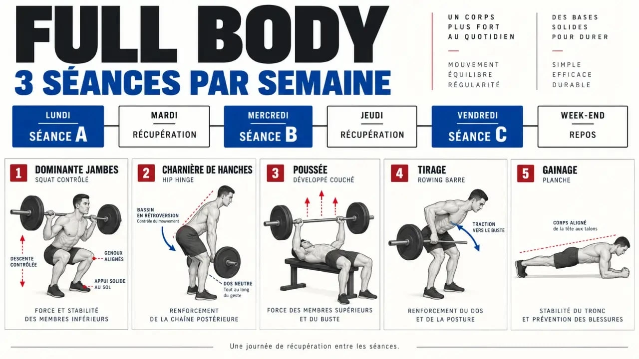 Programme de musculation 3 fois par semaine full body avec séances A, B et C et jours de récupération