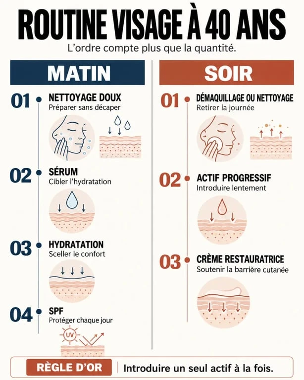Infographie de routine beauté visage 40 ans avec étapes du matin et du soir