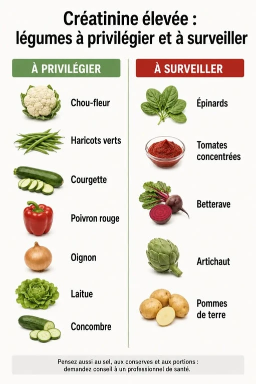 Quel légumes manger pour baisser la créatinine : infographie des légumes à privilégier, à surveiller et des points de vigilance