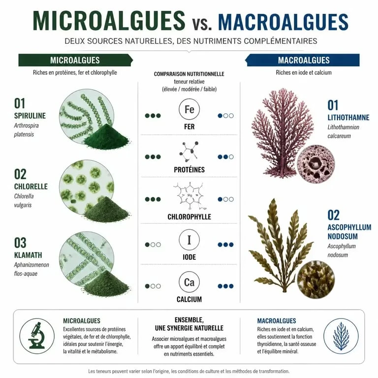 Comparatif des algues en compléments alimentaires : spiruline, chlorella, lithothamne et leurs nutriments clés