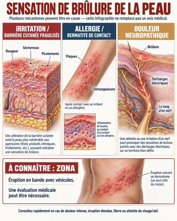 Infographie sur les causes d’une sensation de brûlure de la peau : irritation, allergie, zona et douleur neuropathique