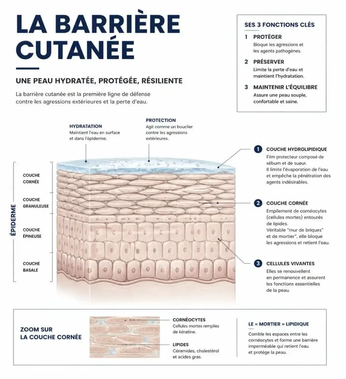 Schéma de la barrière cutanée pour comprendre l'avis des dermatologues sur La Rosée