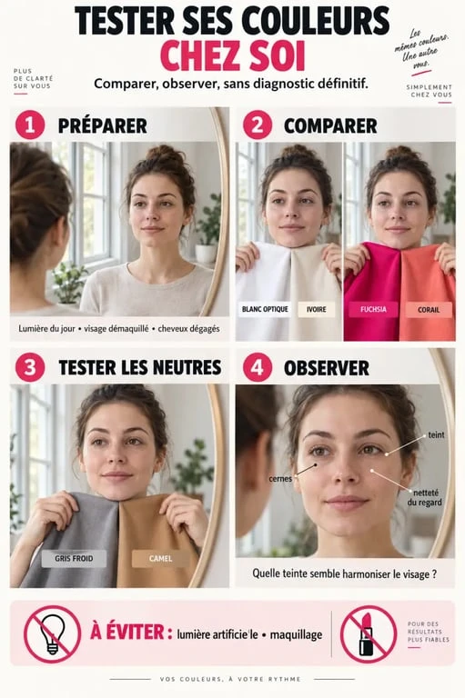 Étapes d’un test maison de colorimétrie des vêtements avec comparaison de tissus près du visage