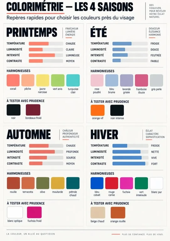 Infographie comparative de colorimétrie des vêtements avec les palettes Printemps, Été, Automne et Hiver