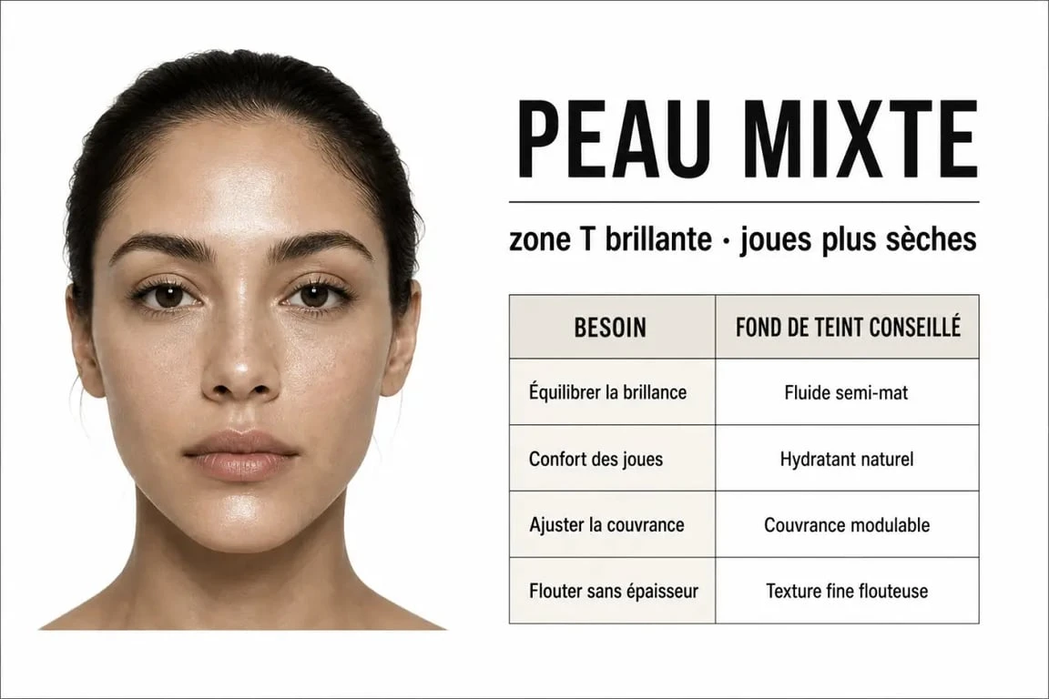 Peau mixte quel fond de teint : comparaison visuelle des textures adaptées à la zone T et aux joues