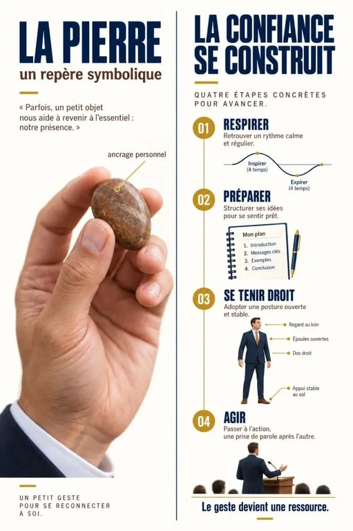 Infographie éditoriale sur la pierre confiance en soi comme ancrage symbolique avant une prise de parole