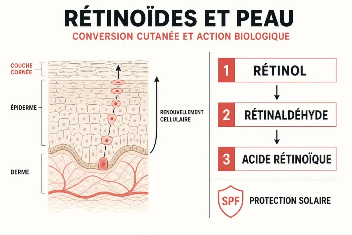 Le rétinol c'est quoi ? Schéma de transformation du rétinol en rétinal puis en acide rétinoïque