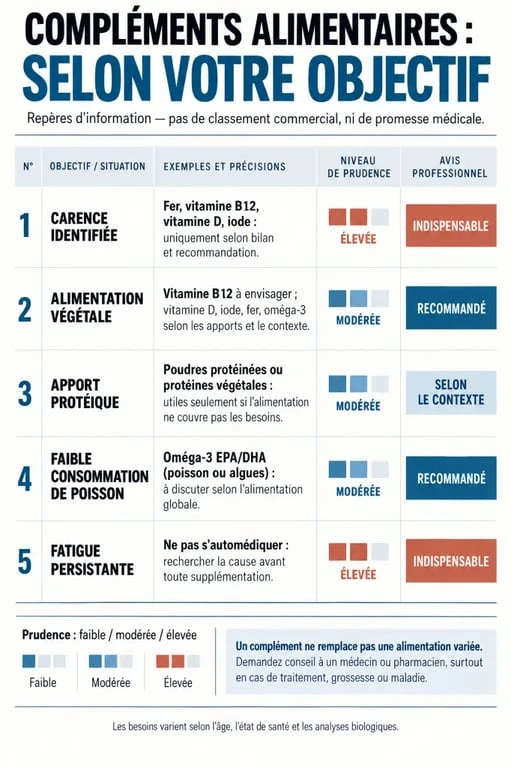 Infographie comparative sur les meilleurs compléments alimentaires selon les besoins et les précautions