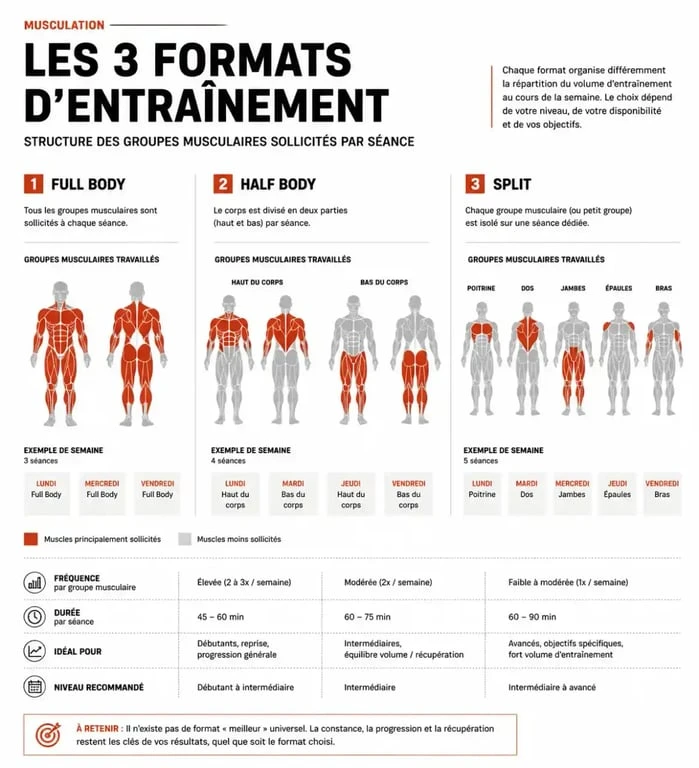 Schéma des formats Full Body, Half Body et Split pour créer son programme de musculation en ligne gratuit