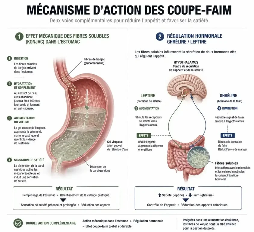 Infographie expliquant le fonctionnement des compléments alimentaires coupe-faim par action mécanique et hormonale