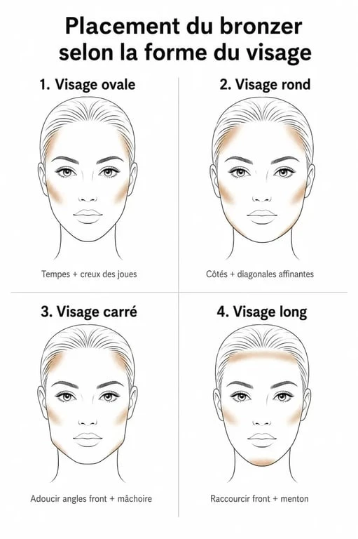 Appliquer bronzer et blush selon la forme du visage : zones de bronzer pour chaque morphologie