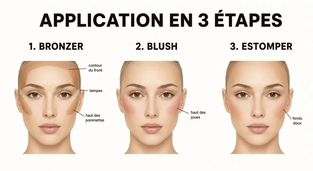 Appliquer bronzer et blush : bronzer sur les contours puis blush sur les joues en 3 étapes