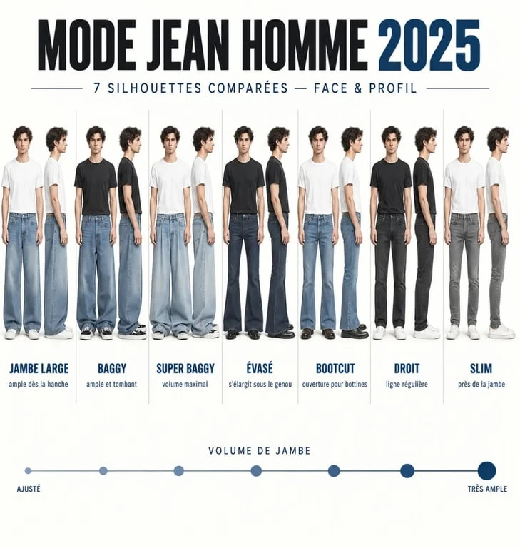 Infographie des coupes de la mode jean homme 2025 : wide leg, baggy, flare, bootcut, droit et slim