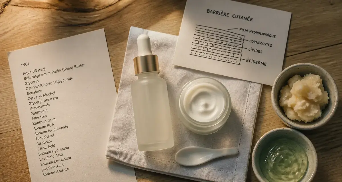 La rosée avis dermatologue : efficacité et tolérance, flacon et crème sur fond bois