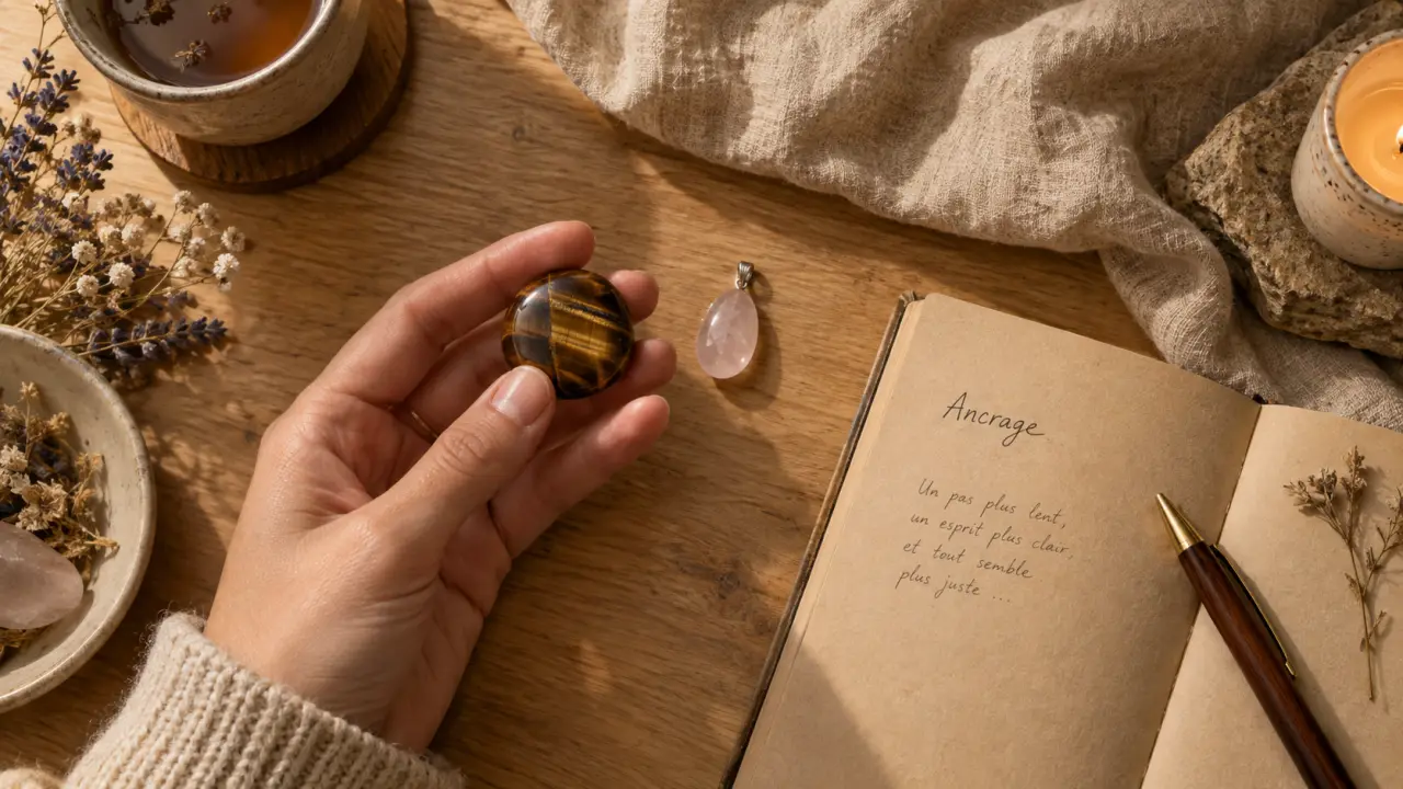 Pierre confiance en soi : quartz rose et galet d’œil-de-tigre, ancrage