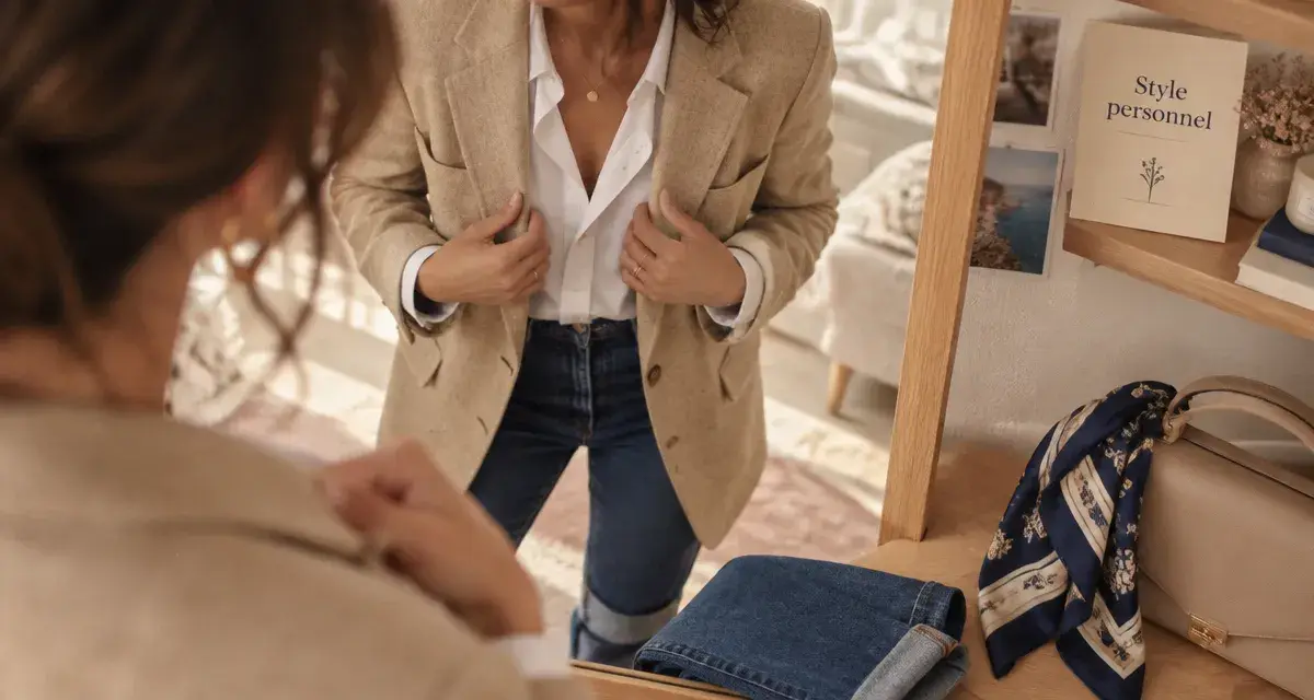 Conseil mode femme : 3 couleurs, tenue blazer sable et chemise blanche