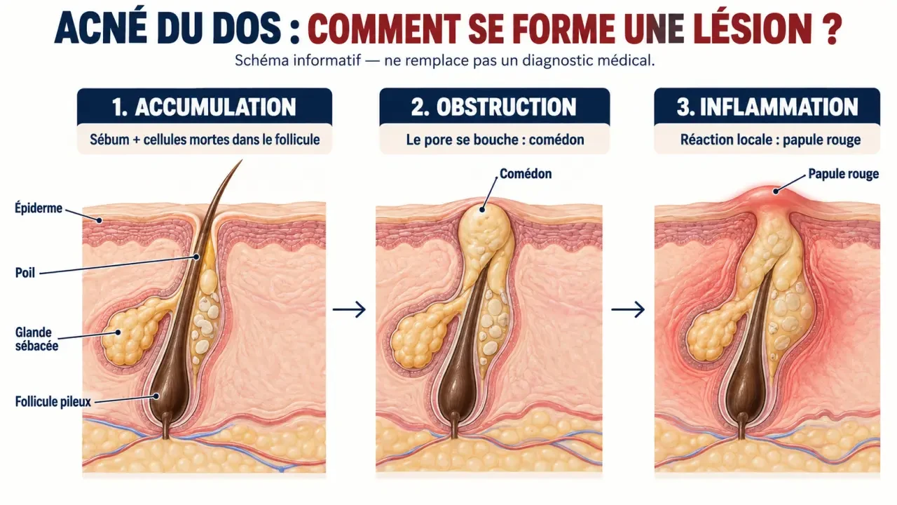 Schéma explicatif de l’acné du dos : follicule obstrué par le sébum et inflammation