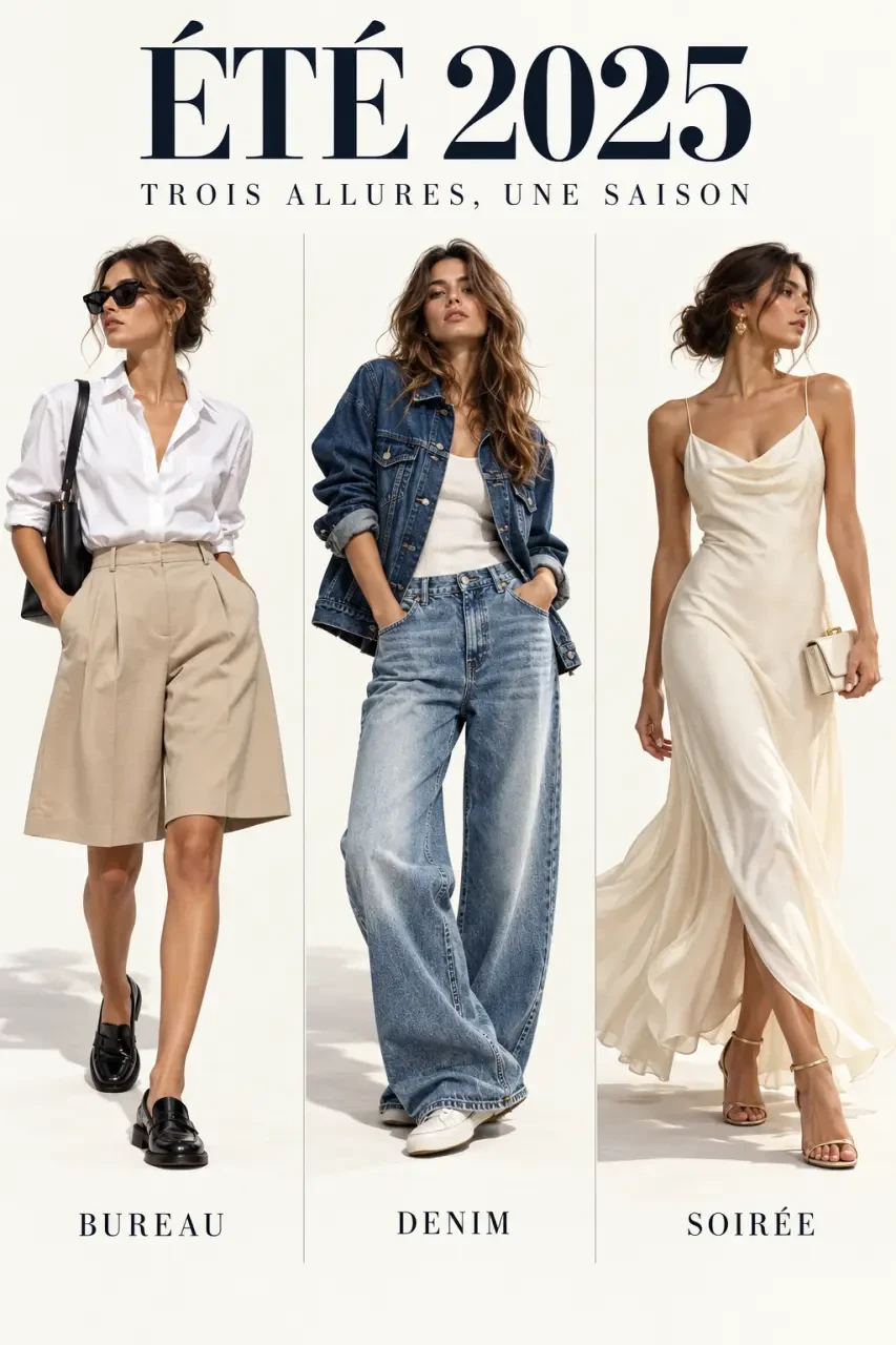 Trois looks de mode été 2025 femme avec bermuda, denim et robe fluide