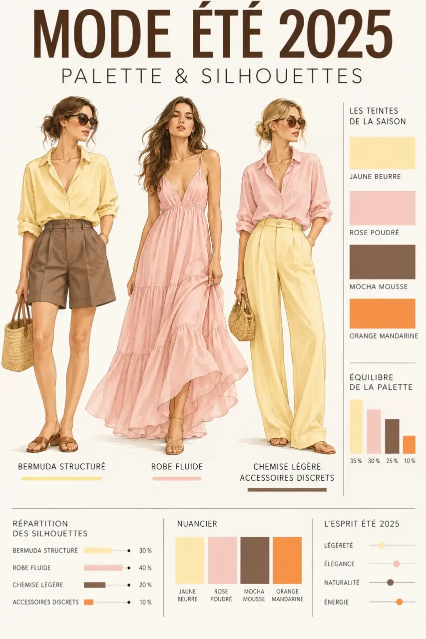 Palette de couleurs et silhouettes de mode été 2025 femme