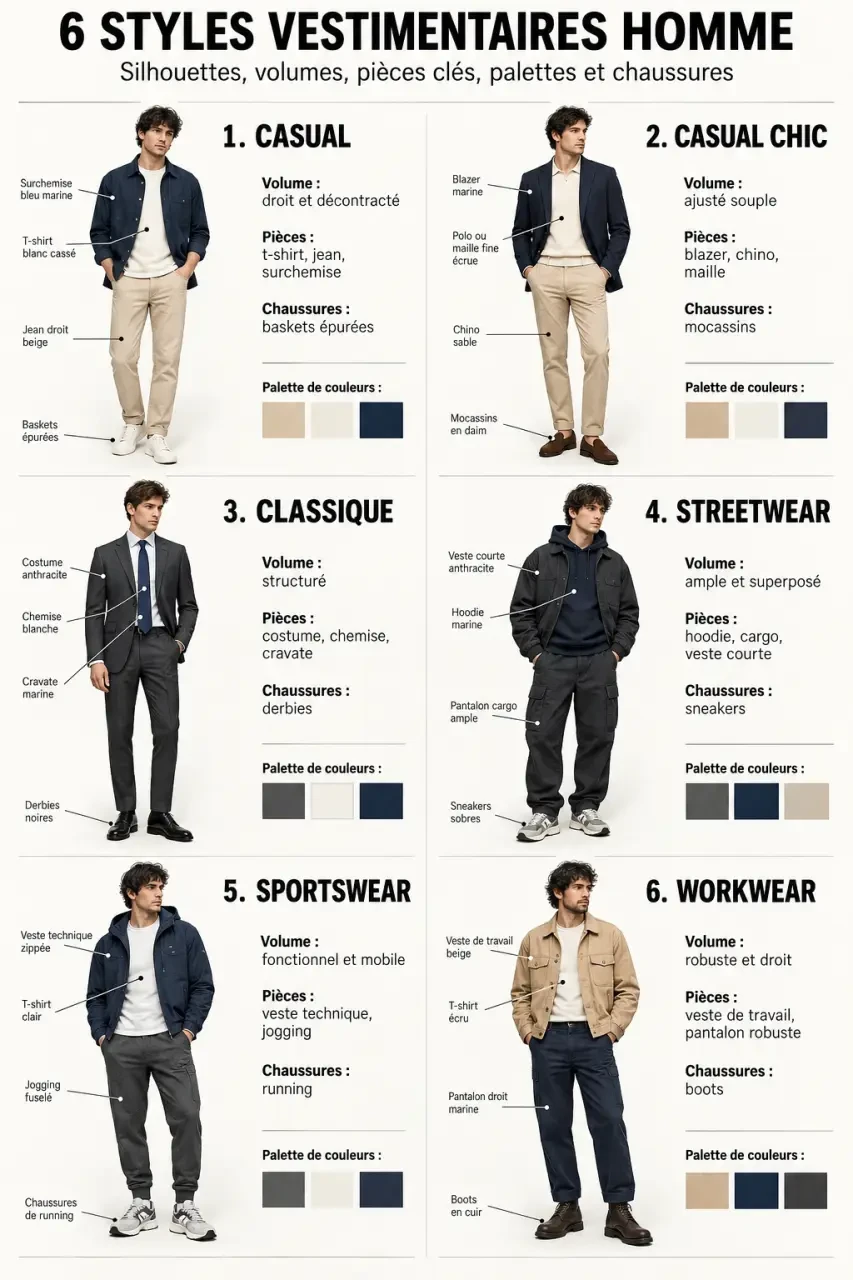 Comparatif de styles vestimentaires homme jeune : casual, chic, classique, streetwear, sportswear et workwear