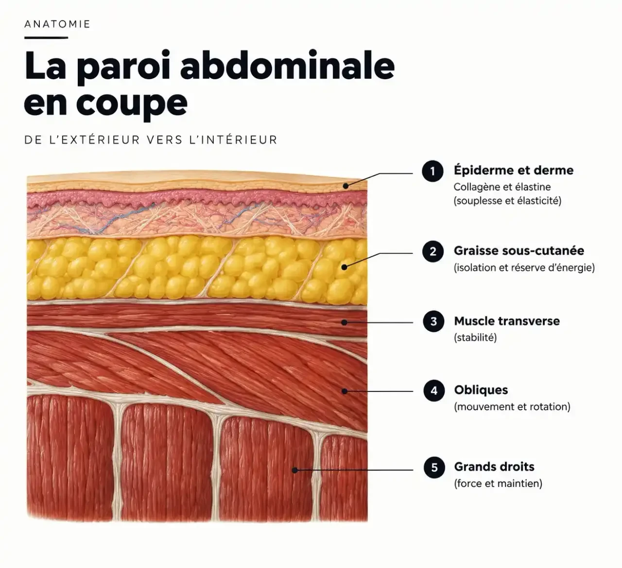 Schéma des couches de la peau et des muscles du ventre expliquant pourquoi retendre la peau du ventre dépend du collagène, de la graisse et de la sangle abdominale