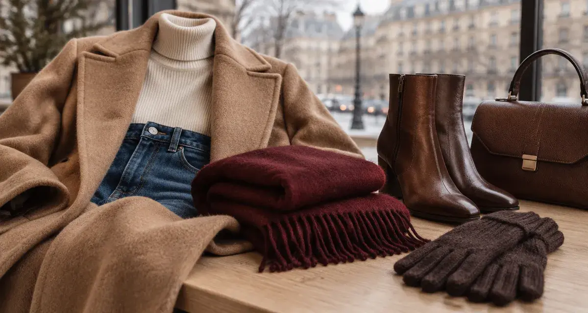 Mode hiver femme : manteau long camel, écharpe bordeaux, bottines cuir