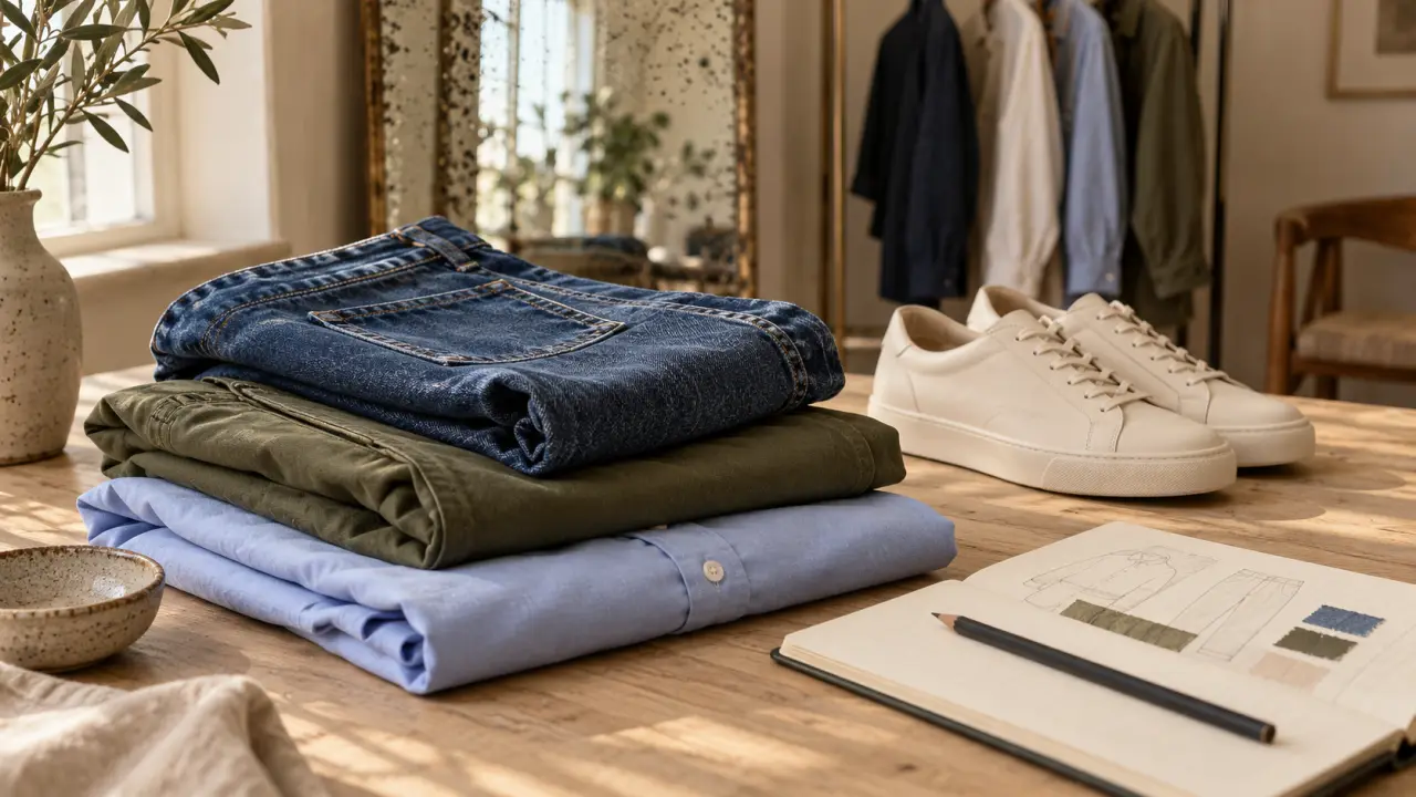 Photo style vestimentaire homme jeune : jean bleu, chino olive, chemise bleu ciel